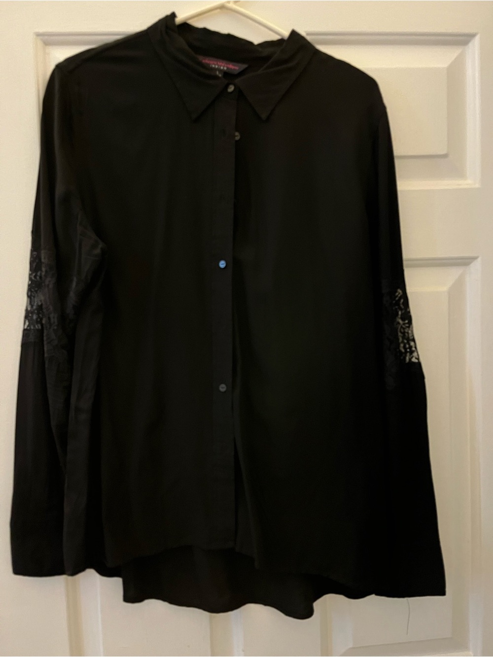 Catherine Malandrino Black Button-Down Blouse with Lace Sleeve Insets